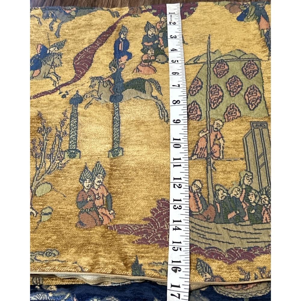 Vintage Pillow Covers Persian Folklore Novelty Print Scenes Turkey Blue Gold TWO - Picture 7 of 7